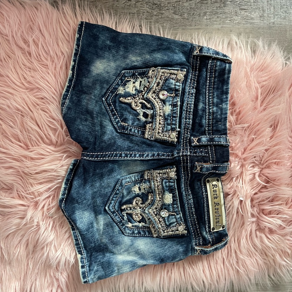 Rock Revival Blue Jean Shorts with Silver Accents